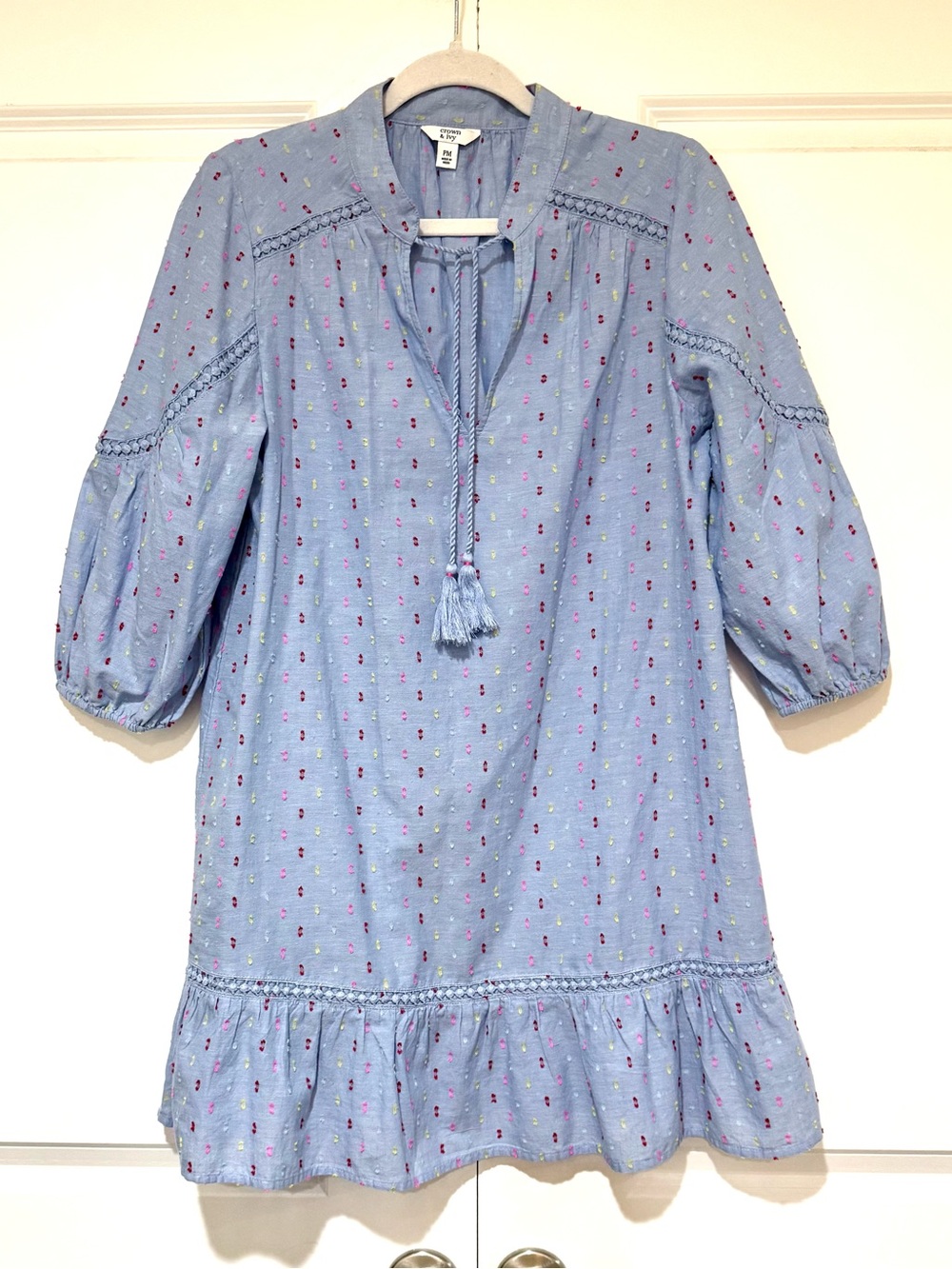 crown & ivy Light Blue Tunic with Pink, Yellow & Red Dot Embroidery 💯% Cotton